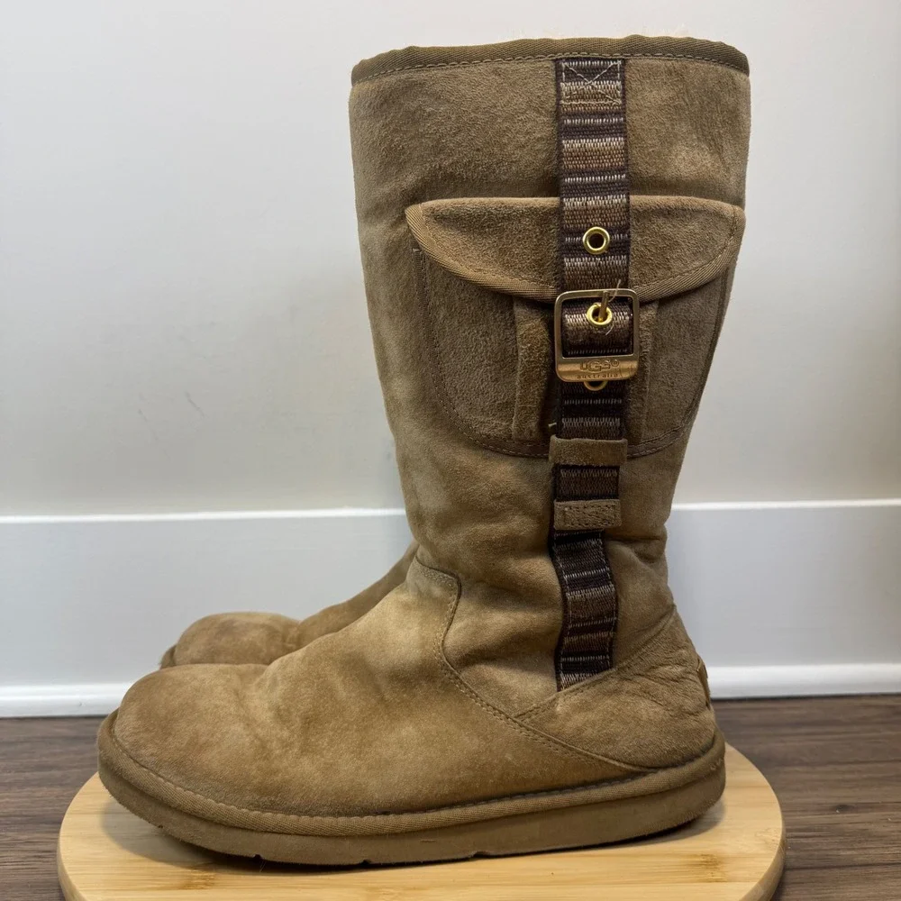 UGG Australia Cargo Pocket Boots Womens 10 Brown Suede Sheepskin F19011G Earthy